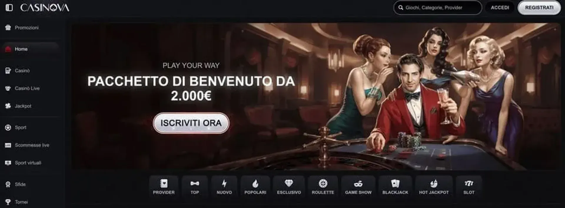 Casinova Casino Italia — bonus benvenuto fino a €2.000 + 350 giri gratis